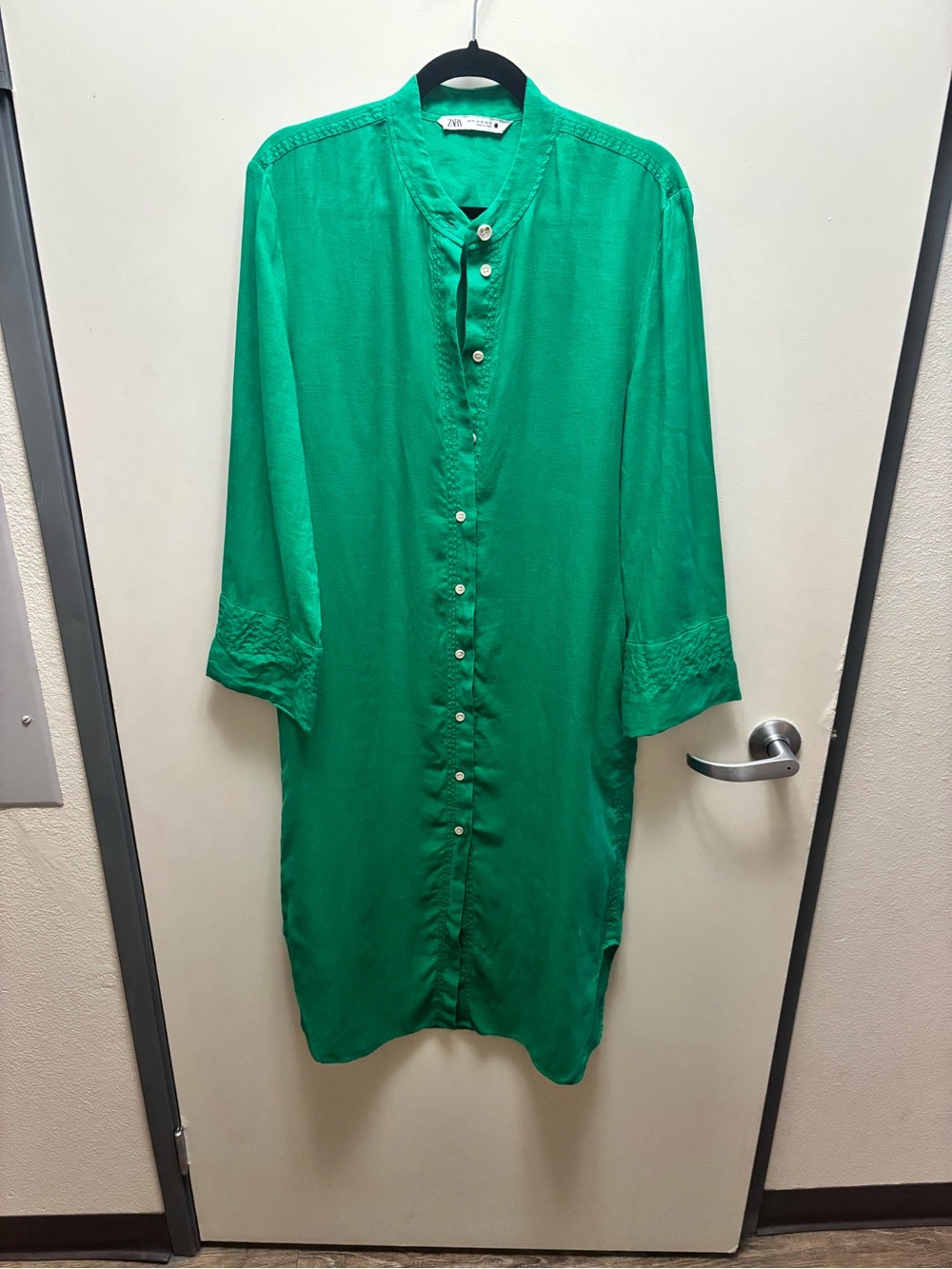 ZARA Green 100% Linen Button Front Shirt Dress Band Collar XS